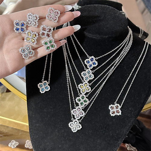 Sweet Flower Copper Plating Inlay Zircon Gold Plated Jewelry Set