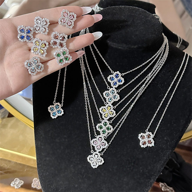 Sweet Flower Copper Plating Inlay Zircon Gold Plated Jewelry Set