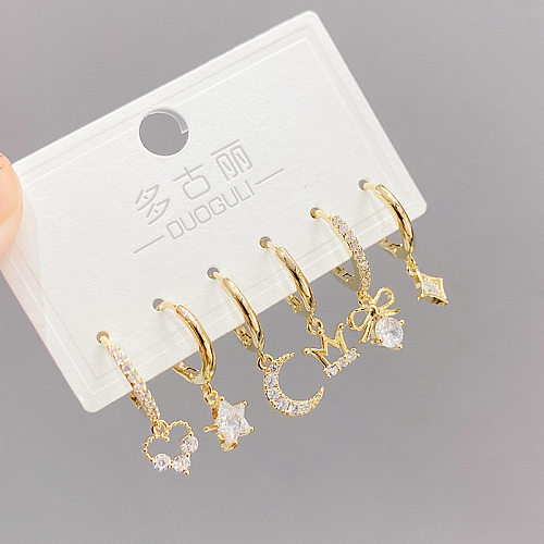Sweet Moon Heart Shape Crown Copper Drop Earrings Asymmetrical Inlay Zircon Copper Earrings 3 Pairs