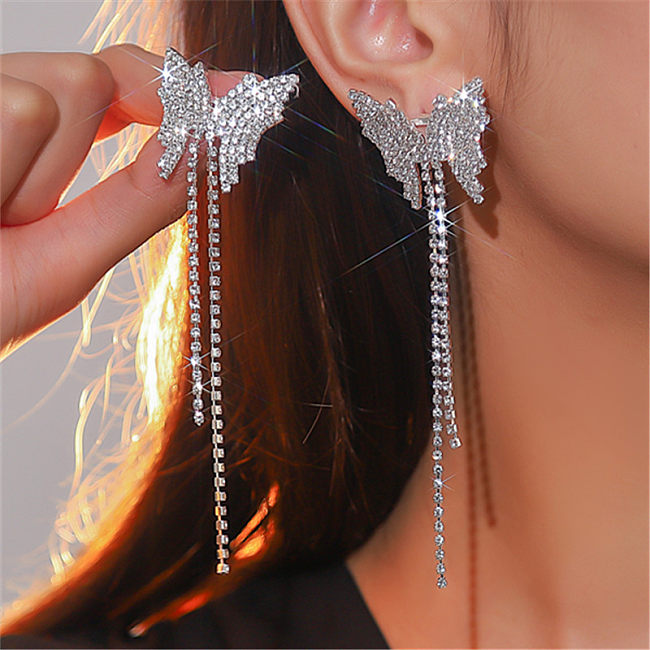 1 Pair Shiny Butterfly Plating Inlay Copper Rhinestones Silver Plated Drop Earrings