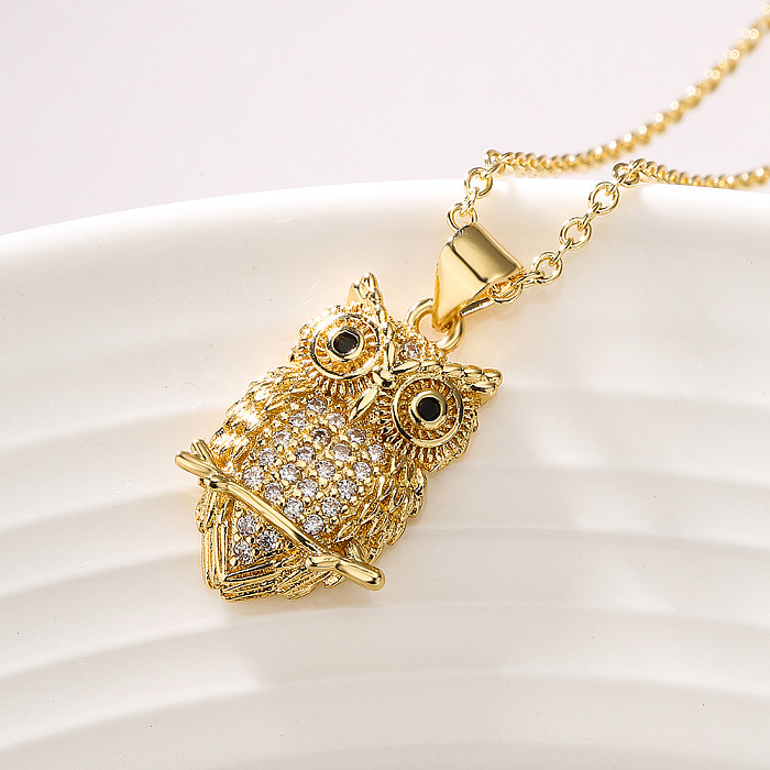 1 Piece Fashion Animal Owl Copper Plating Inlay Zircon Pendant Necklace