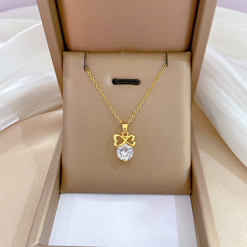 Modern Style Heart Shape Butterfly Titanium Steel Copper Inlay Artificial Gemstones Pendant Necklace