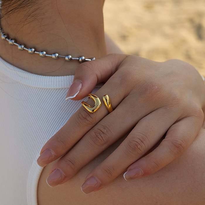 IG-Stil, schlichter Stil, unregelmäßiger, einfarbiger, offener Ring aus Edelstahl mit 18-Karat-Vergoldung