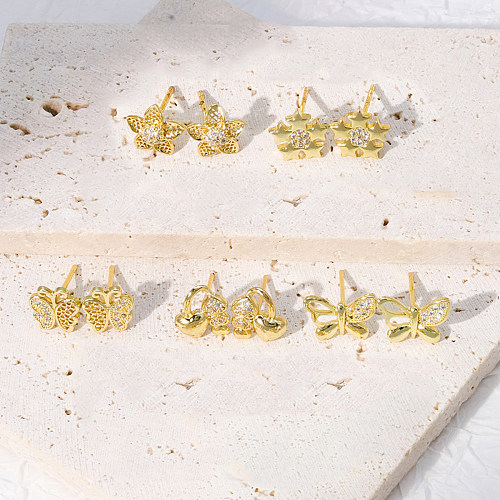 Estilo simples flor borboleta floco de neve cobre banhado a ouro zircão brincos 1 par