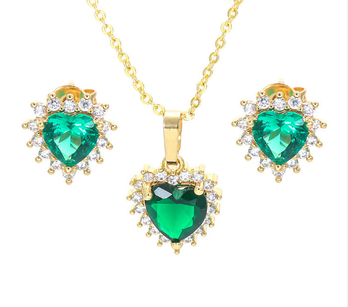 Fashion Heart Shape Copper Plating Inlay Zircon Women'S Earrings Necklace 1 Set