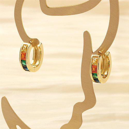 1 paire de boucles d'oreilles créoles plaquées or 18 carats, style vintage, cercle carré, incrustation de cuivre et de zircon