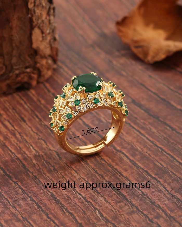 Vintage Style Luxurious Commute Four Leaf Clover Flower Copper Plating Hollow Out Inlay Zircon 18K Gold Plated Open Rings