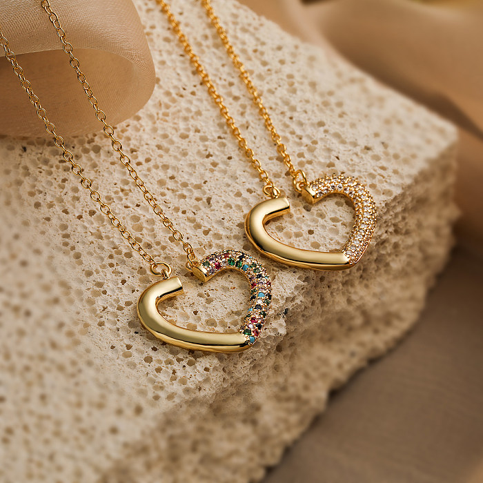 Simple Style Commute Heart Shape Copper Plating Inlay Zircon 18K Gold Plated Pendant Necklace