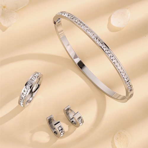 Elegante redondo cor sólida titânio chapeamento de aço strass embutidos anéis banhados a ouro 18K pulseiras brincos