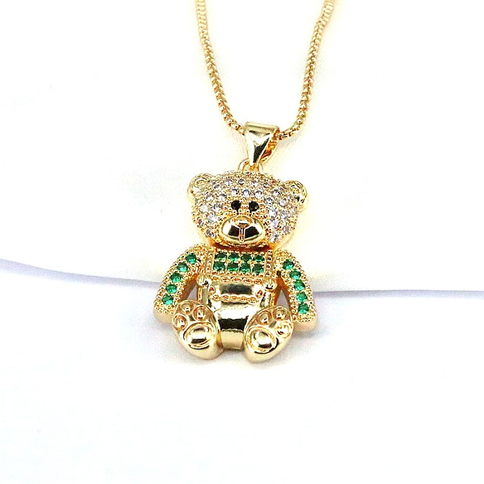 Hip-Hop Retro Little Bear Copper Plating Inlay Zircon Gold Plated Pendant Necklace