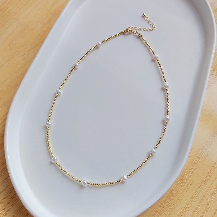 Collier en cuivre avec perles d'imitation de couleur unie, Style Simple, 1 pièce