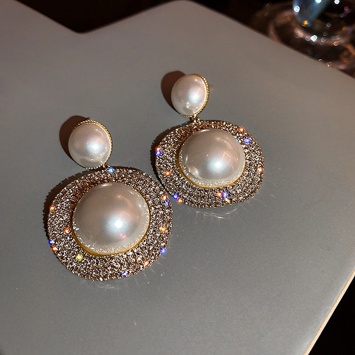 Pendientes geométricos retro con incrustaciones de cobre, perlas artificiales, circonitas, 1 par
