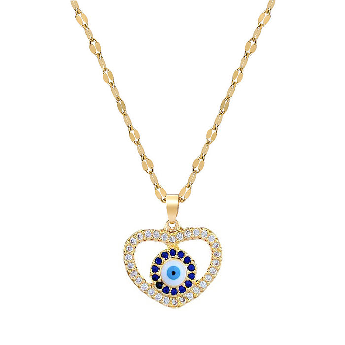 Retro Devil'S Eye Heart Shape Titanium Steel Copper Inlay Artificial Gemstones Pendant Necklace