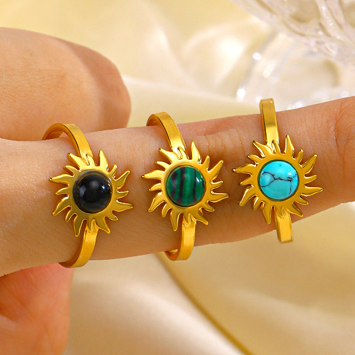 Retro Sun Stainless Steel Plating Inlay Turquoise Obsidian 18K Gold Plated Open Rings
