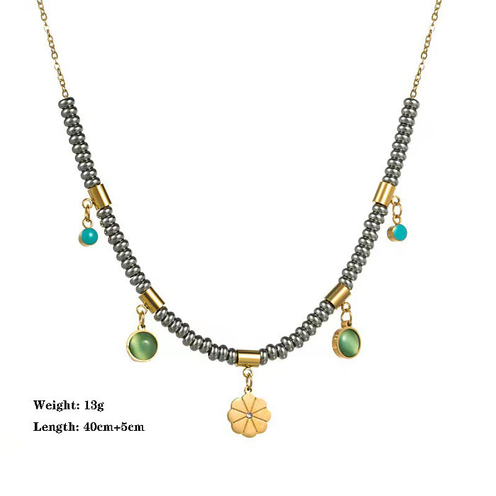 Collier de bracelets turquoise avec incrustation de perles en acier et titane à fleurs rétro