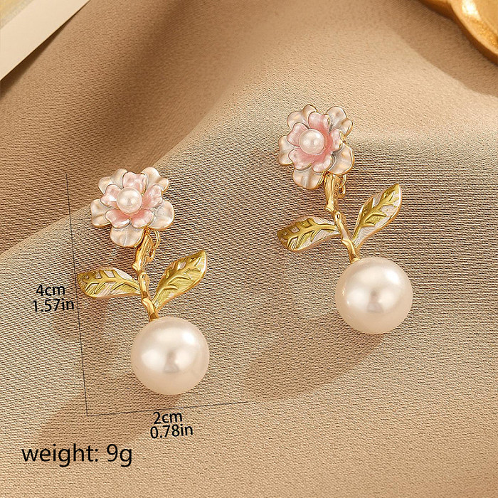1 Pair Sweet Commute Plant Flower Plating Freshwater Pearl Copper 18K Gold Plated Drop Earrings