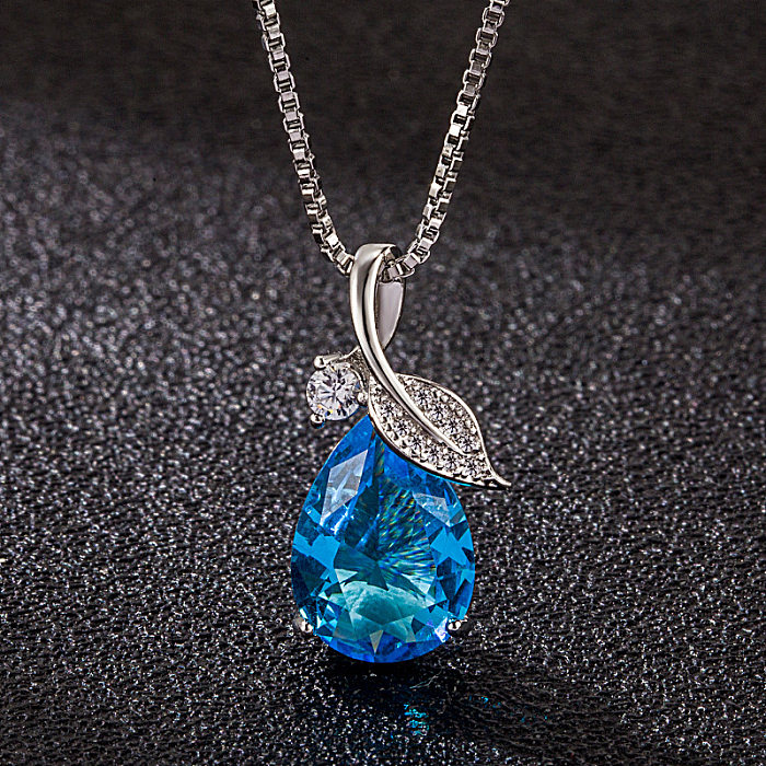 Collier pendentif en cristal avec incrustation de cuivre, gouttelettes d'eau, feuille à la mode