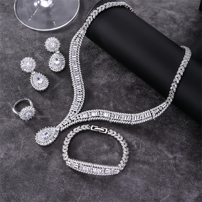 Elegante brilhante geométrico cobre chapeamento inlay zircão pulseiras brincos colar