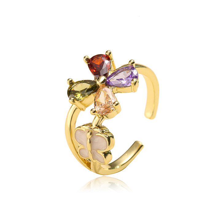Fashion Cute 18K Gold Plated Flower-Shaped Zircon Inlaid Open Ring Female