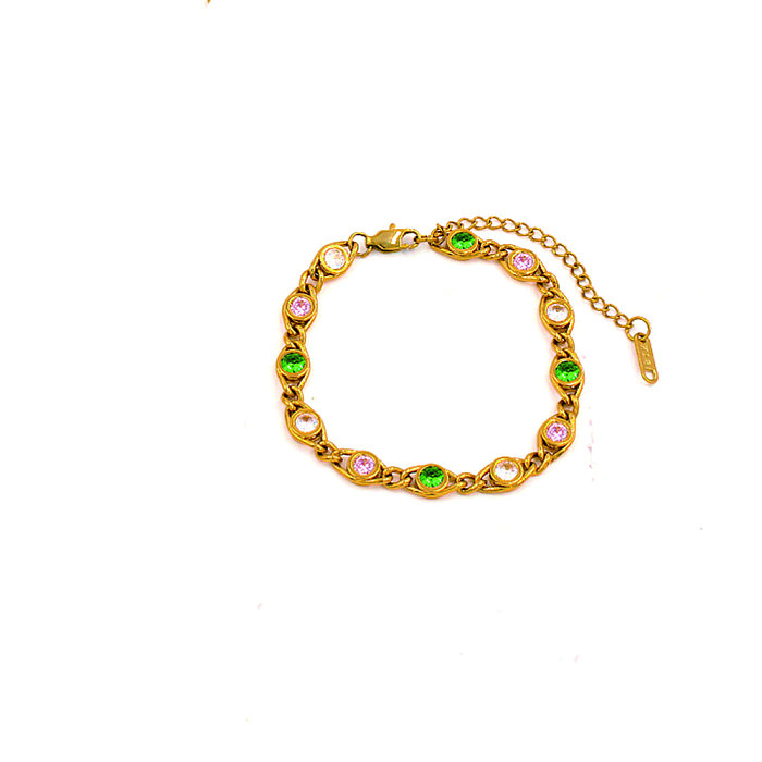 Schlichter Stil, glänzend, rund, Edelstahl-Beschichtung, Intarsien, Zirkon, 18 Karat vergoldet, Armband-Halskette