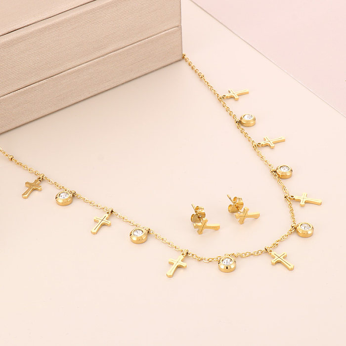 Elegant Lady Cross Heart Shape Solid Color Titanium Steel Polishing Plating 18K Gold Plated Earrings Necklace