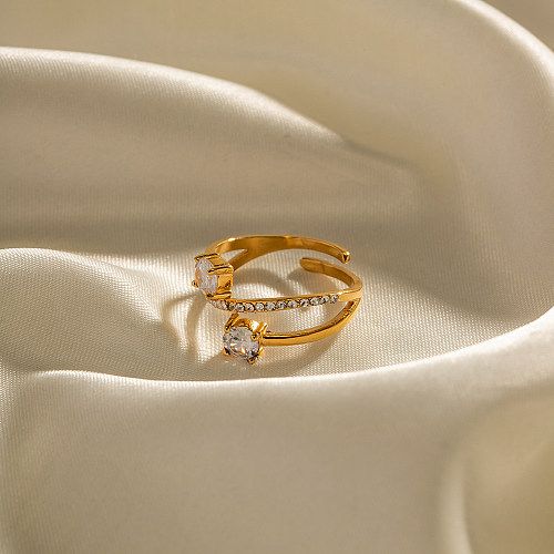 INS-Stil, koreanischer Stil, geometrischer offener Ring aus Edelstahl mit asymmetrischer Beschichtung, Inlay-Zirkon, 18 Karat vergoldet
