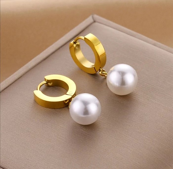 Cute Round Titanium Steel Plating Artificial Pearls Gold Plated Earrings Necklace