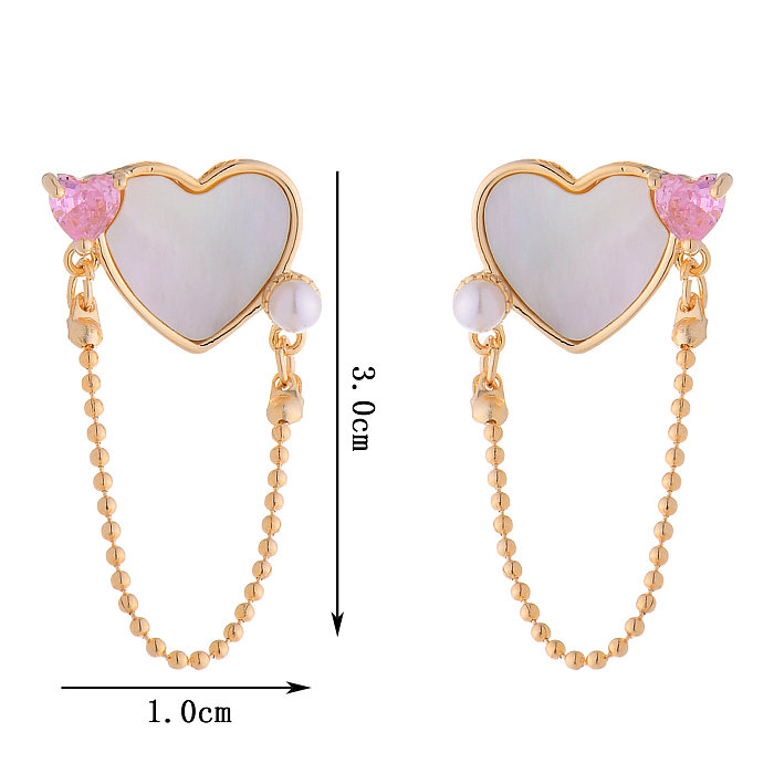 1 Paar süße süße herzförmige Herz-Kupfer-Zirkon-Ohrringe mit 14-Karat-Vergoldung