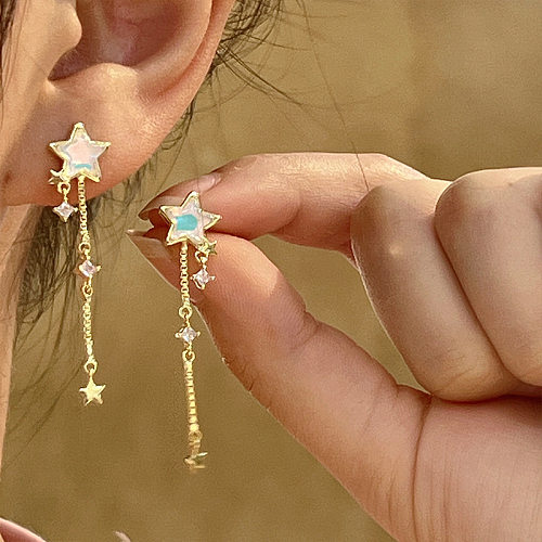 1 paire de boucles d'oreilles pendantes en cuivre et Zircon, Style féerique, Style Simple, pentagramme plaqué, incrustation