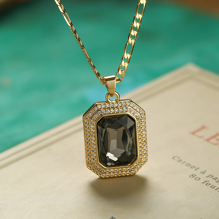Elegant Retro Square Copper Plating Inlay Zircon 18K Gold Plated Pendant Necklace