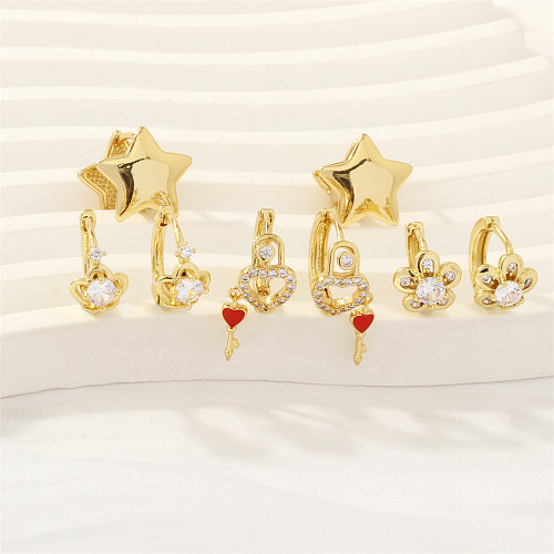 1 paire de boucles d'oreilles pentagramme en forme de cœur, Style Simple, fleur, placage d'émail, incrustation de cuivre et de Zircon plaqué or 18 carats