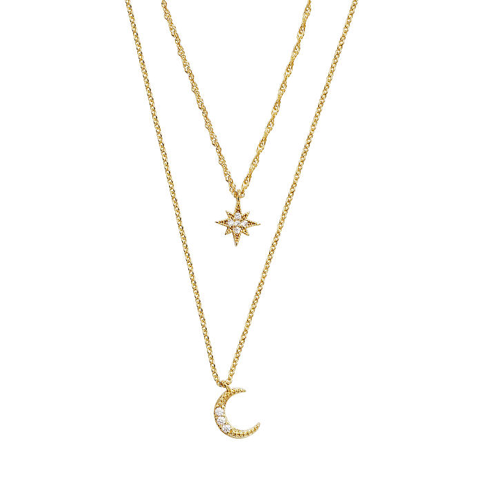 Casual Star Moon Copper Plating Inlay Zircon 14K Gold Plated Layered Necklaces
