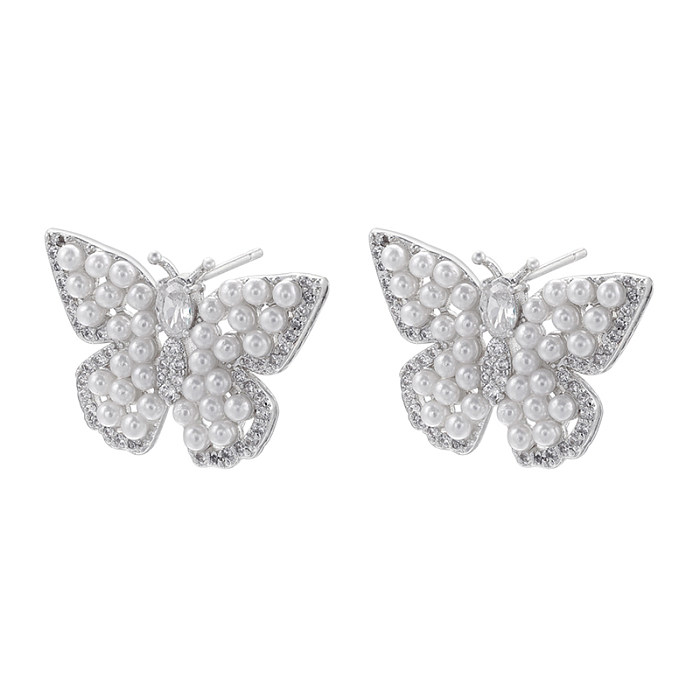 1 Pair Elegant Butterfly Copper Plating Inlay Pearl Zircon 18K Gold Plated Ear Studs