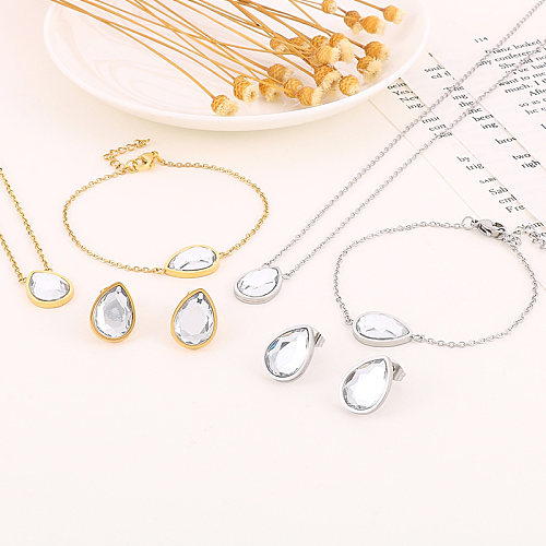 Streetwear Shiny Water Droplets Titanium Steel Plating Inlay Glass 18K Gold Plated Jewelry Set