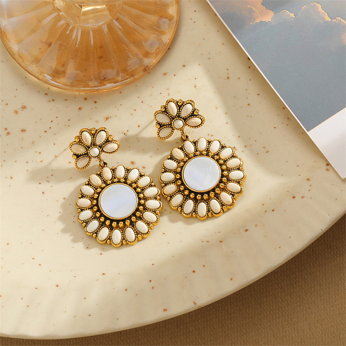 1 Pair Retro Round Plating Inlay Alloy Copper Rhinestones Gold Plated Earrings