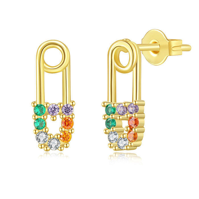 1 Pair Simple Style Paper Clip Copper Plating Inlay Artificial Gemstones 14K Gold Plated Earrings