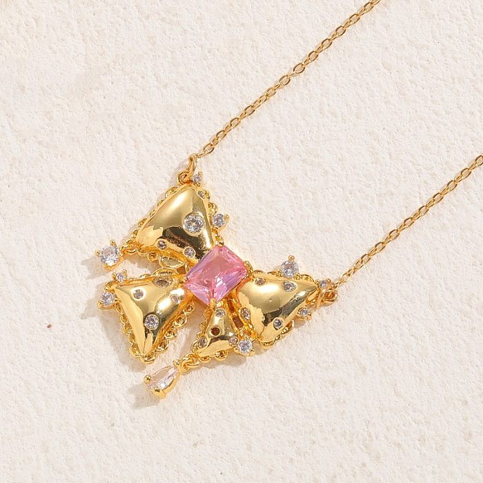 Casual Lady Butterfly Bow Knot Stainless Steel Copper 14K Gold Plated Shell Zircon Pendant Necklace In Bulk