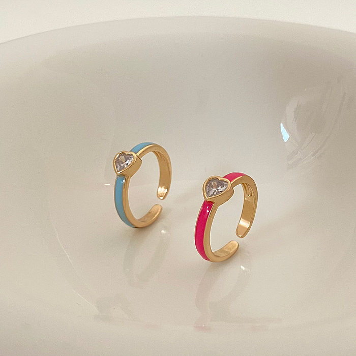 Anillo abierto de diamantes de imitación con incrustaciones de cobre en forma de corazón de moda de 1 pieza