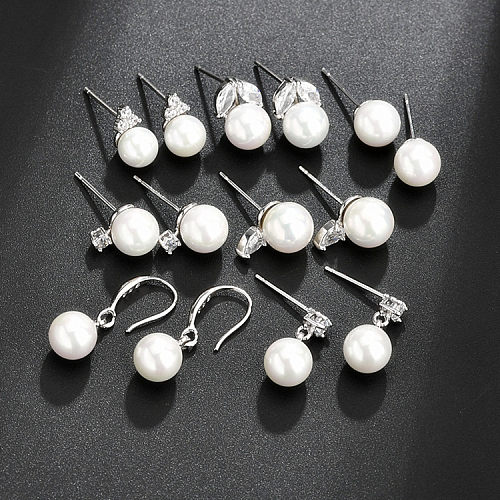 1 Paar schlichter Stil mit Perlenüberzug, Inlay, Kupfer, Zirkon, Tropfenohrringe, Ohrstecker, Ohrhaken