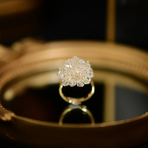 Glamouröse Retro-Blumen-Kupfer-Kristall-offene Ringe mit 14-Karat-Vergoldung