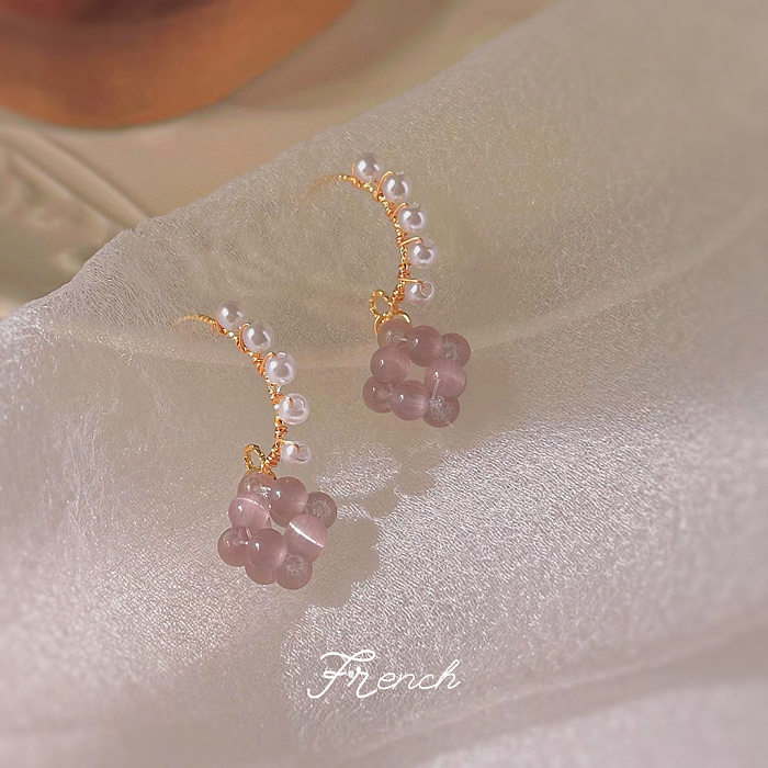 1 Paar französische Art-Trauben-Kupfer-Inlay-künstliche Perlen-Opal-Tropfen-Ohrringe