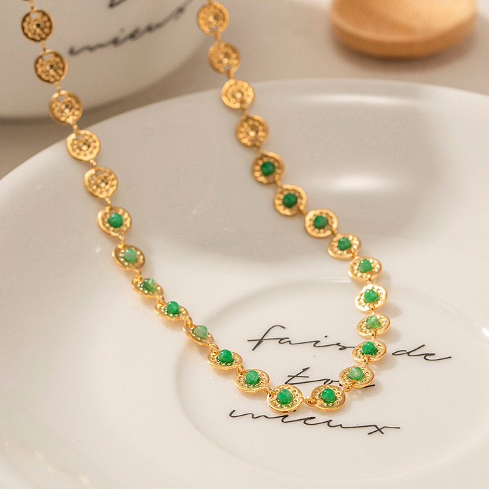 Elegante redondo chapeamento de aço inoxidável inlay gem 18k banhado a ouro pulseiras colar