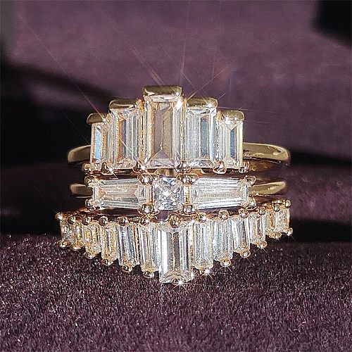 Conjunto de 3 peças de anéis de zircão com incrustações de cobre retangulares da moda