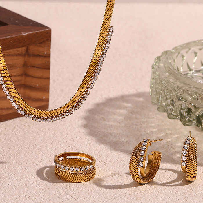 Bracelets et boucles d'oreilles plaqués or 18 carats, Style classique, couleur unie, incrustation de strass en acier inoxydable
