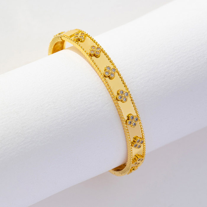 Retro Four Leaf Clover Copper Plating Inlay Zircon Bangle