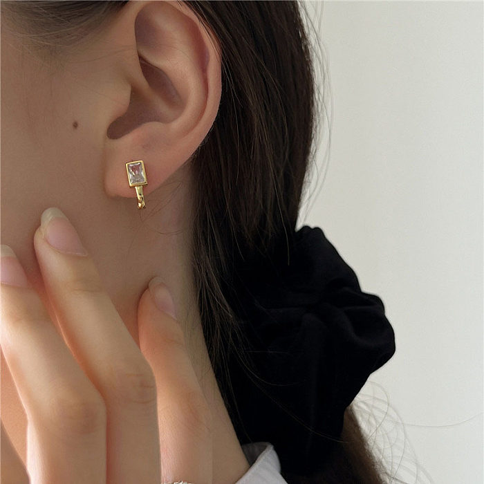 1 paire de boucles d'oreilles plaquées or 14 carats, Style Simple, incrustation de placage rectangulaire en cuivre et Zircon