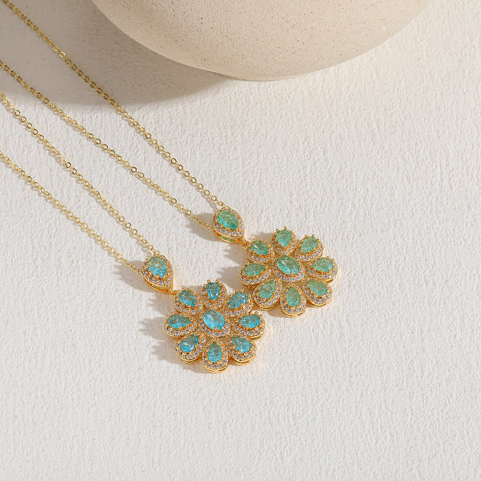 Elegant Luxurious Water Droplets Flower Copper Plating Inlay Zircon 14K Gold Plated Pendant Necklace