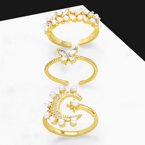 Mode Stern Mond Schmetterling Kupfer vergoldet künstliche Perlen Zirkon offener Ring 1 Stück