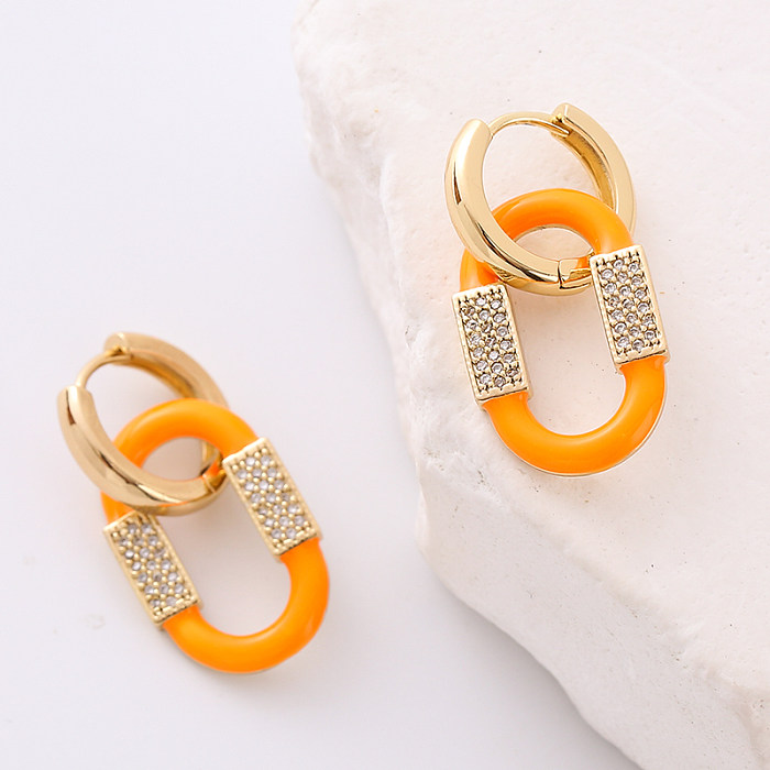 1 Pair Casual Simple Style Oval Enamel Plating Inlay Copper Zircon 24K Gold Plated Drop Earrings