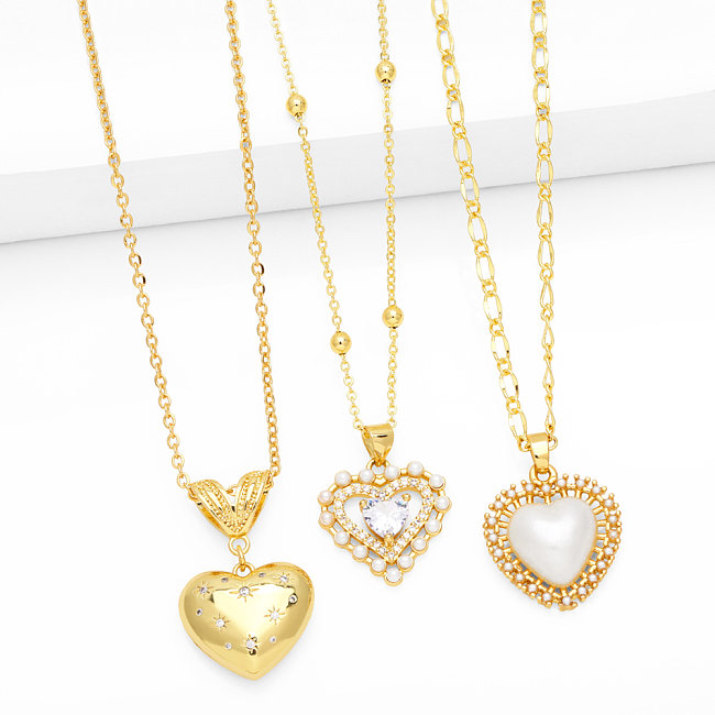 Elegant Lady Simple Style Heart Shape Copper 18K Gold Plated Beads Zircon Pendant Necklace In Bulk